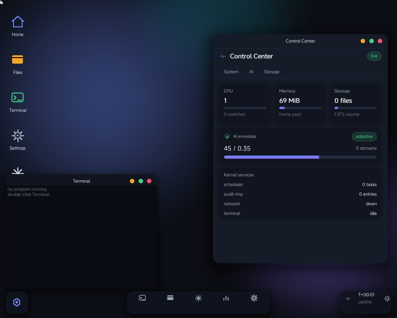 FujoOS 桌面截图：左侧是 Home / Files / Terminal / Settings 图标与一个 Terminal 窗口，右侧是 Control Center 窗口，显示 CPU、Memory、Storage 三个读数，以及标记为 adaptive 的 AI envelope 面板（域宽 45）和内核服务列表。